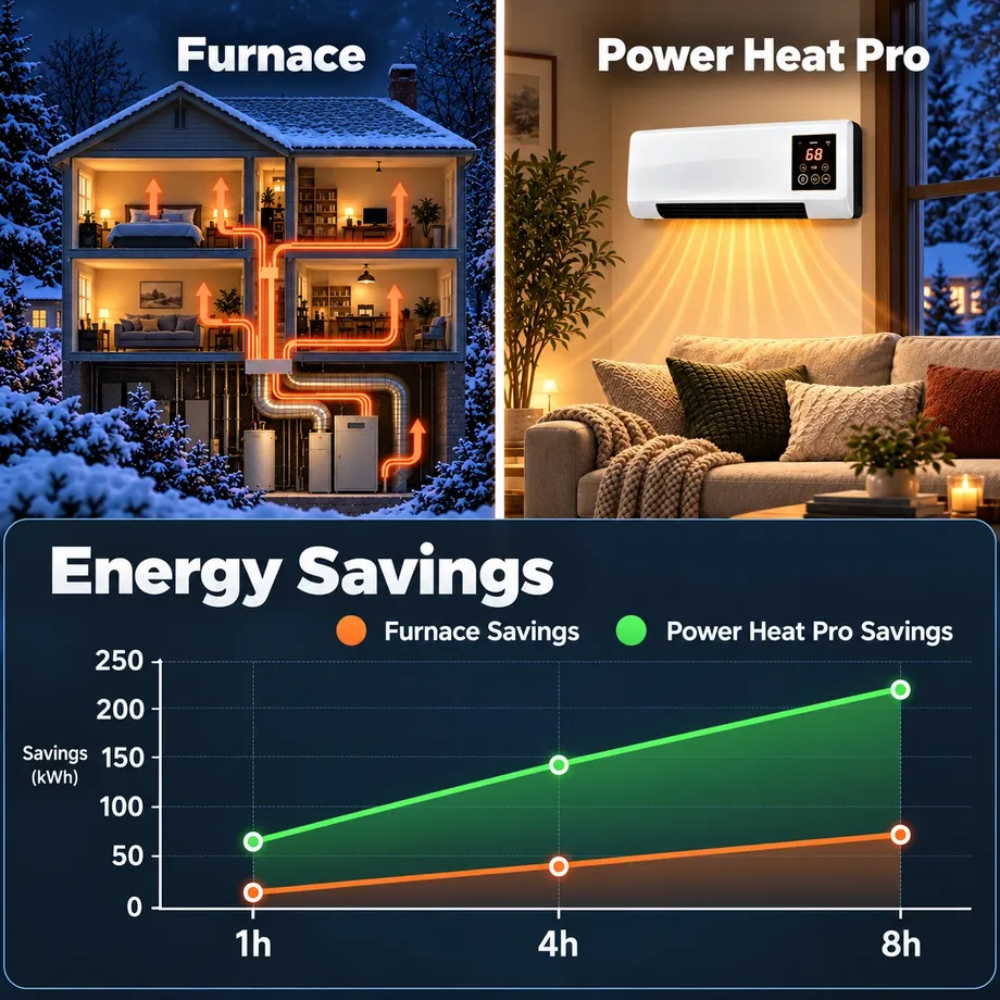 Whole-house furnace vs Power Heat Pro energy use comparison