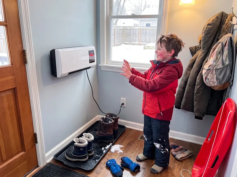 Child warming up by Power Heat Pro after playing in the snow