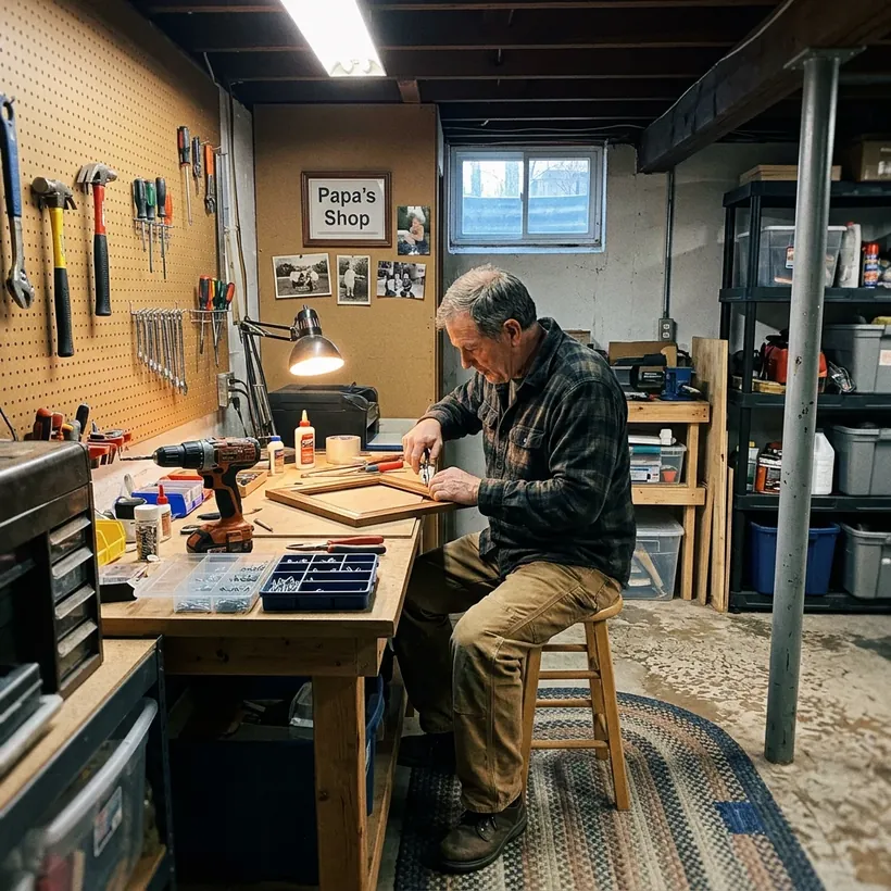 Man working in a basement workshop