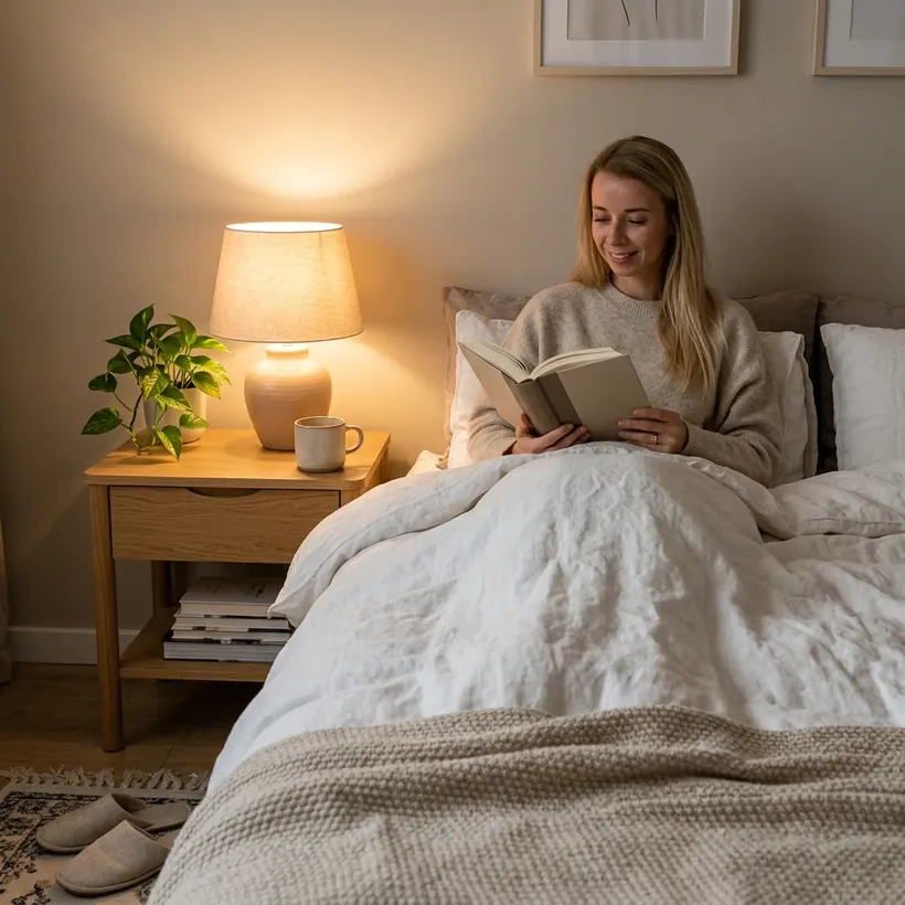 Woman reading in a warm bedroom