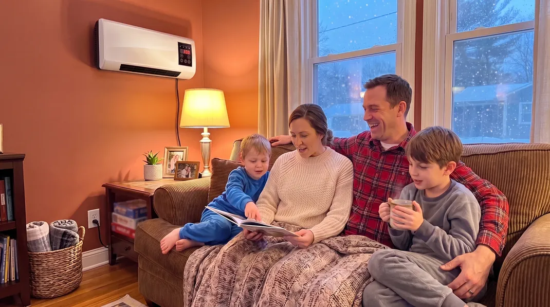 Family cozying up on the sofa on a winter evening with Power Heat Pro on the wall