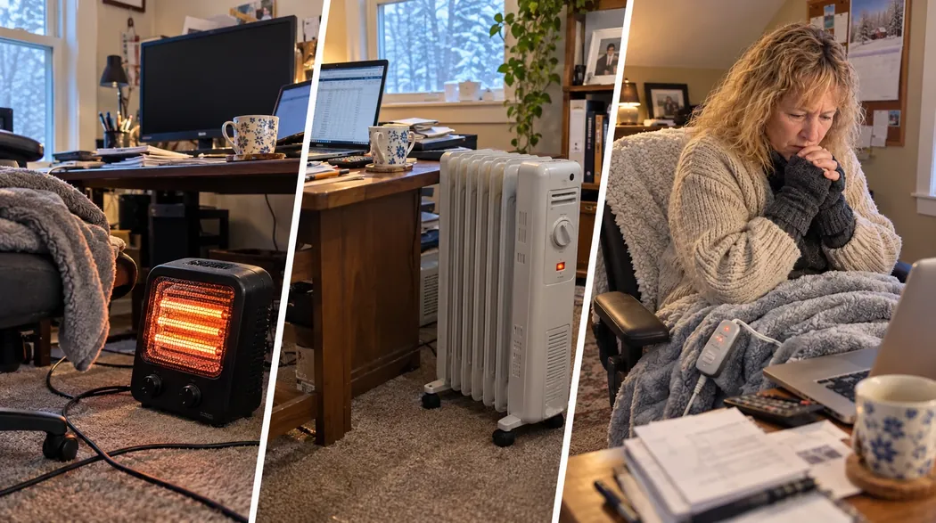 A space heater, an oil radiator, and Linda under a heated blanket in her cold office