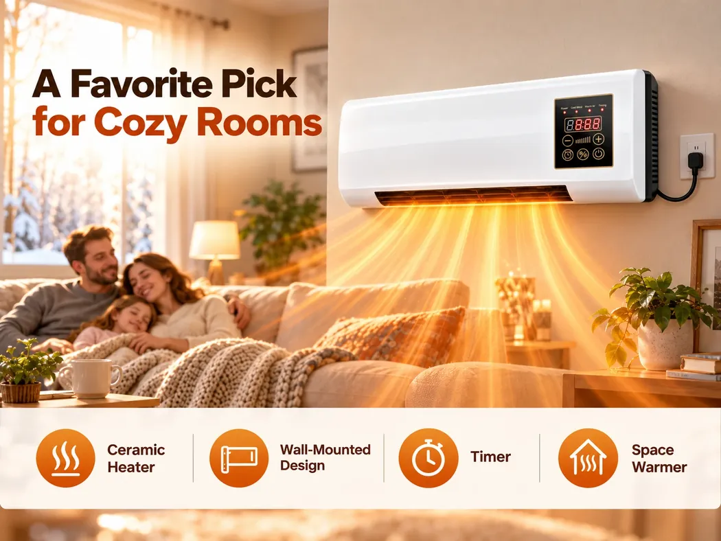 Power Heat Pro wall heater warming a family living room: ceramic heater, wall-mounted design, timer, space warmer