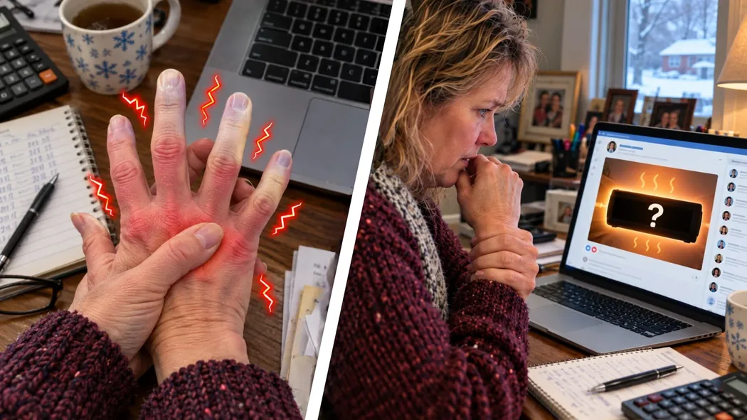 Linda's cold, aching hands at her desk, and Linda searching for a heater online