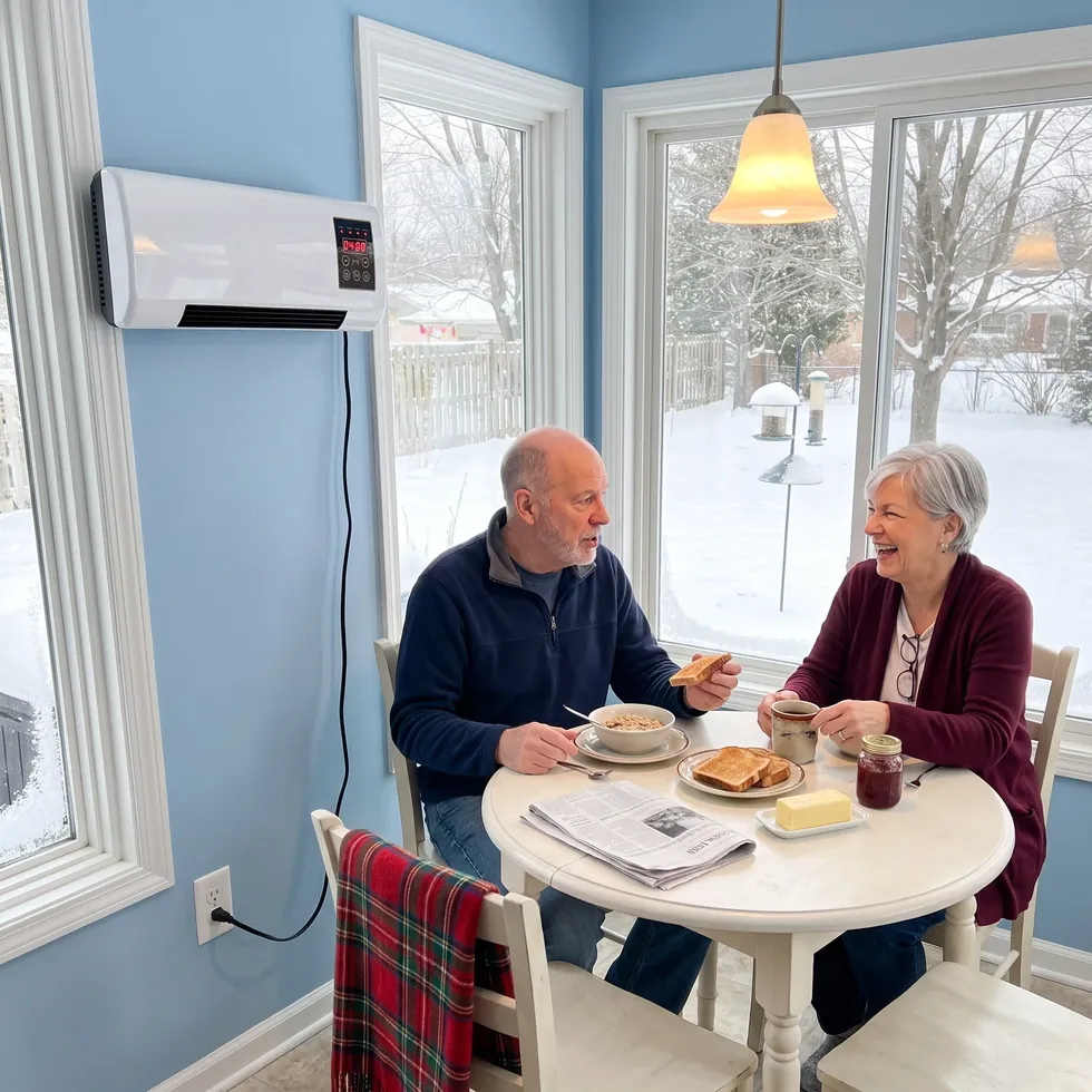 Debbie and her husband at breakfast in their sunroom with Power Heat Pro on the wall