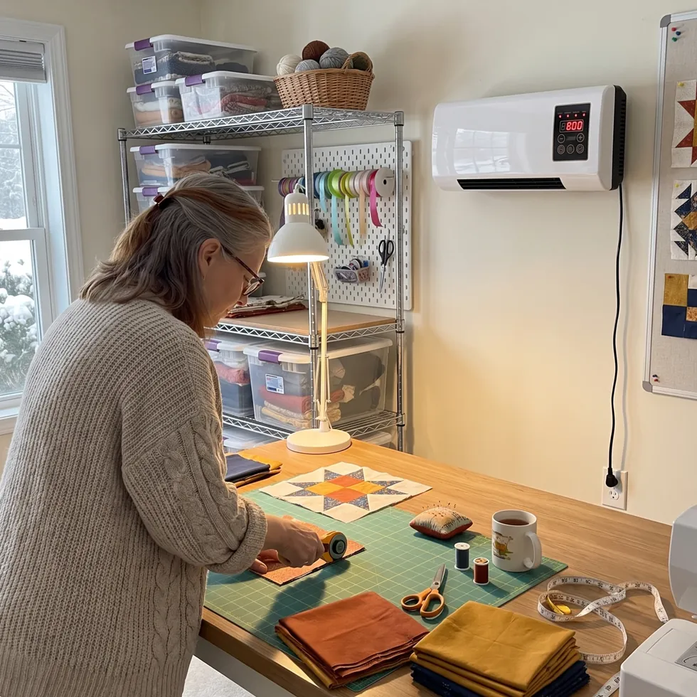 Gary's wife quilting in her craft room with Power Heat Pro on the wall