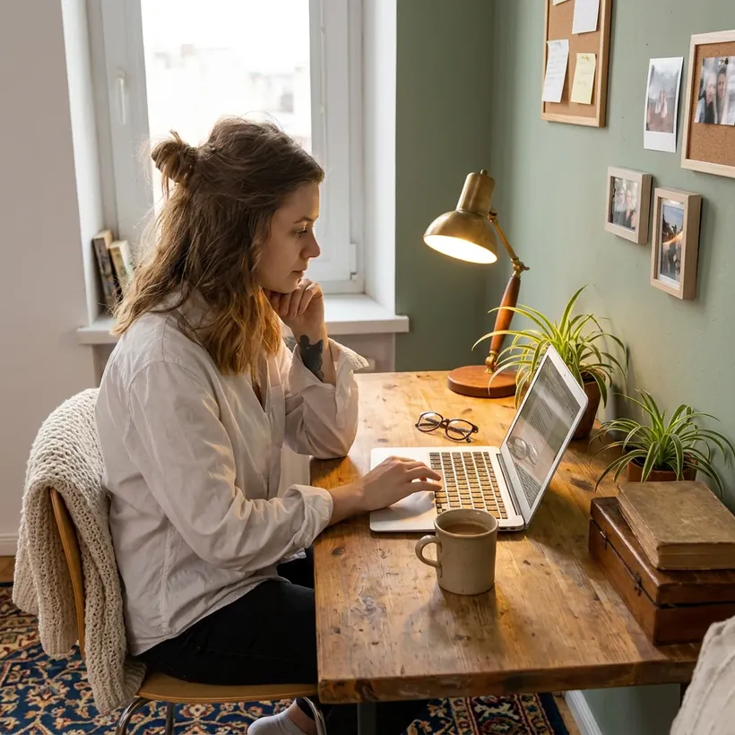 Woman working at a home office desk