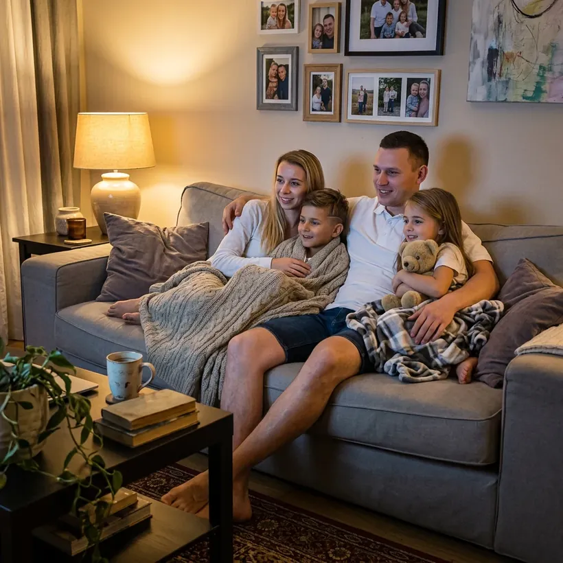 Family relaxing on the living room sofa